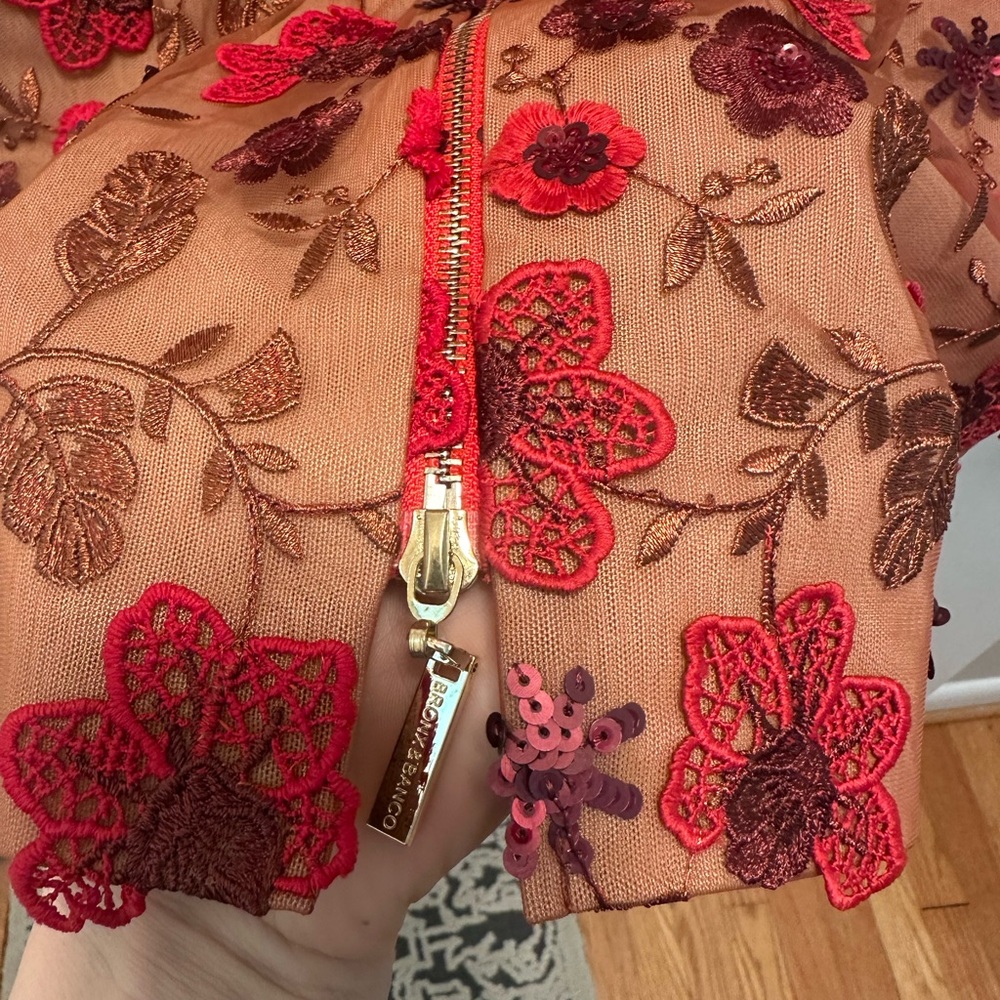 Bronx & Bronco Embroidered Floral Sheath Dress - Red on Nude size small - Picture 6 of 8